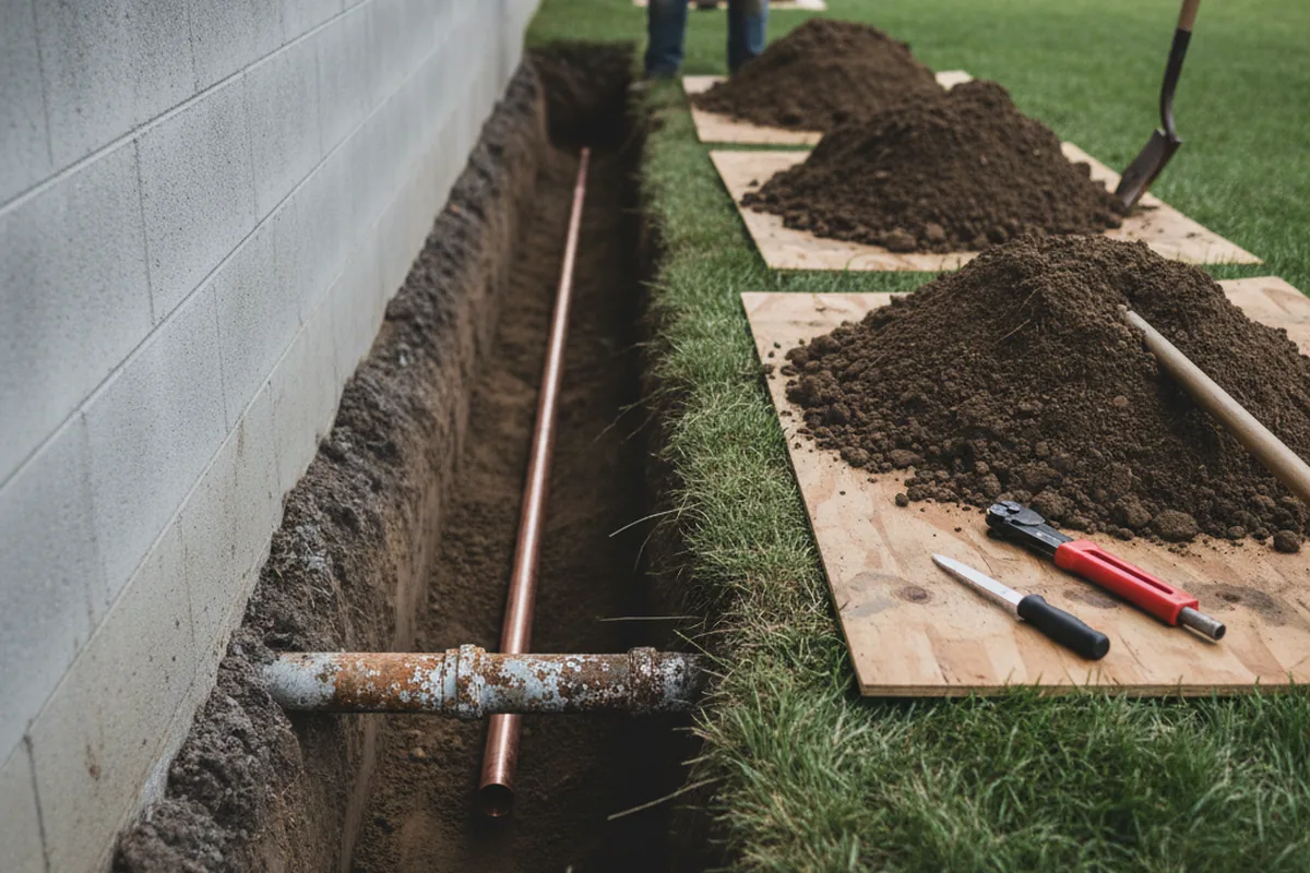 Excavated water line trench during Water Heater Repair in Cheshire
